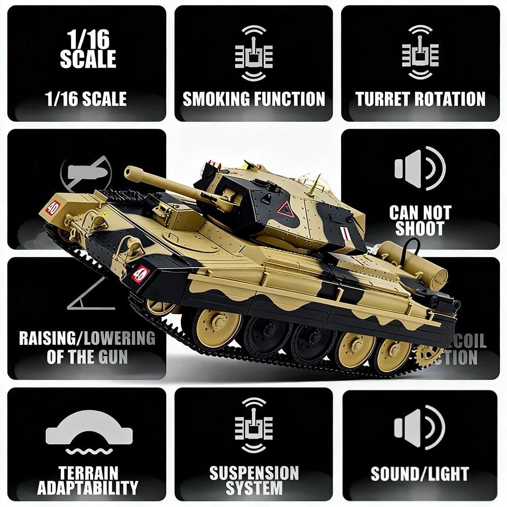 Escala completa 1:16 British Crusader Controle Remoto Tanque Brinquedo 2.4G Elétrico RC Modelo Militar Presente de Aniversário das Crianças