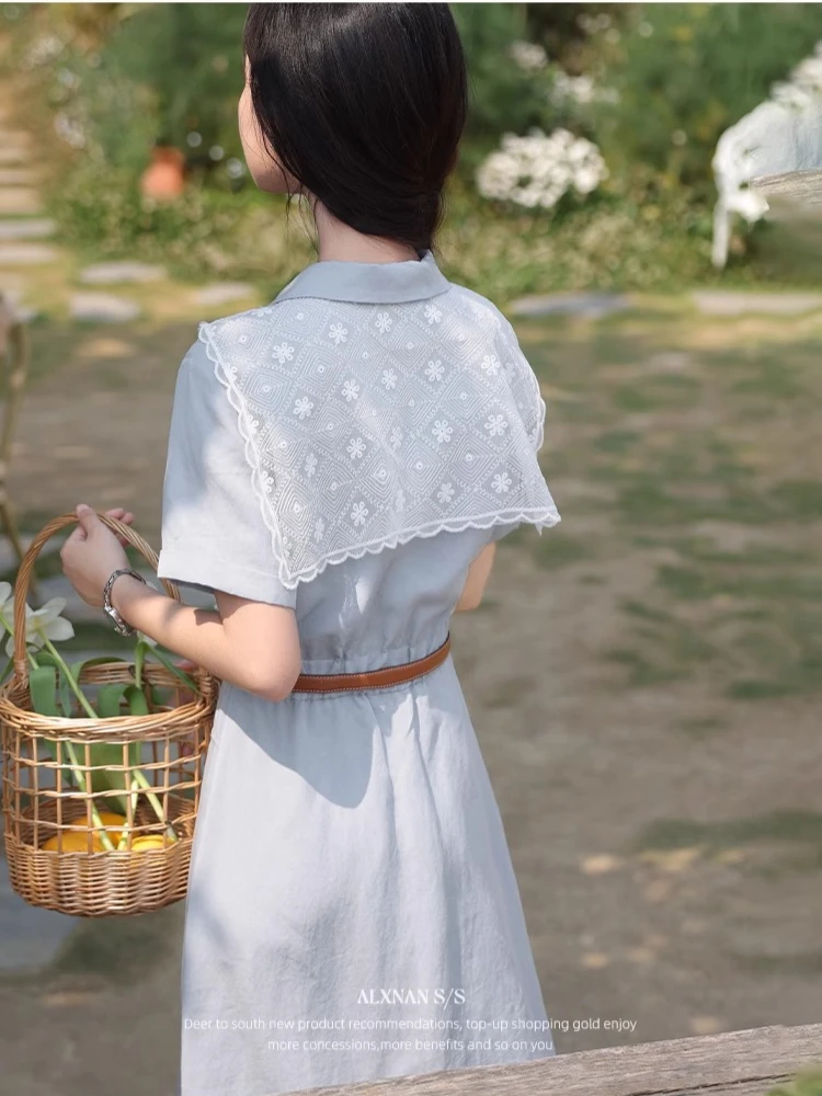 Alxnan plus size vestido azul longo elegante lyocell camisa vestido feminino 2025 renda xale férias roupas casuais das senhoras d10851