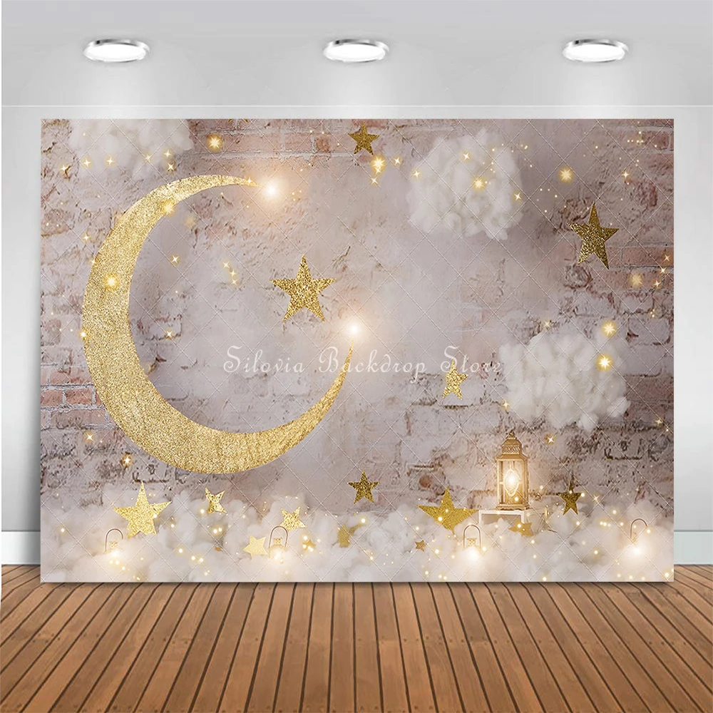 Golden Flash Crescent Moon Photo Background Old Wall Cotton Cloud Photo Studio Props Birthday Cake Smash Photography Backdrop