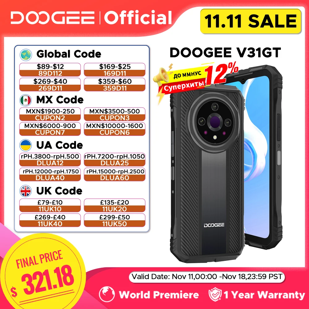 Világ Premier DOOGEE V31GT Göröngyös telefont 6.58” FHD dimensity 1080 octa Csutka 5G termikus imaging 10800mah 66W gyorsan töltés telefont