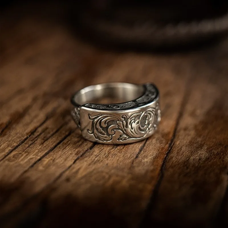 Men Plus‑Size Adjustable Open Ring Retro Dark Style Evil Eye Botanical Carved Totem Finger Ring Trendy Male Daily Party Fashion