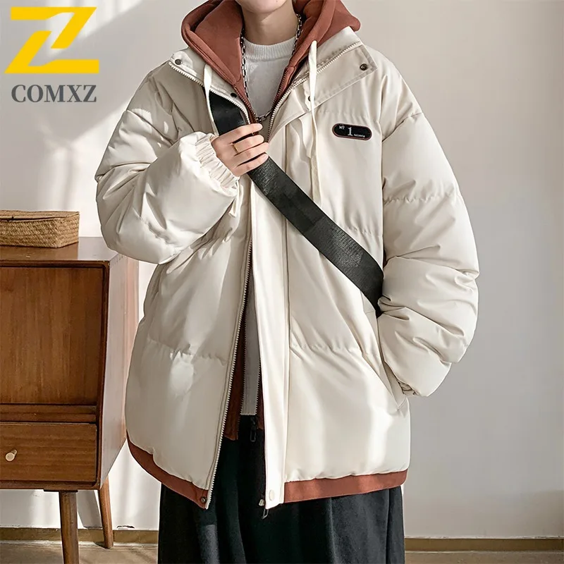

COMXZ Men Padded Jacket Fake Two Piece Cold Proof Windproof Warm Lightweight Hooded Bread Jacket Preppy Cotton Padded Jacket