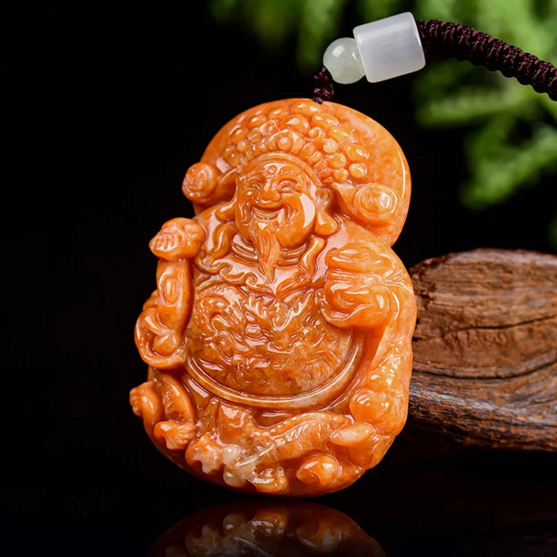 

Natural Burmese A-grade Jade Burnt Red Welcoming Fortune God Pendant Ice Seed Jadeite For Men's Charms Women's Jewelry Drop Ship