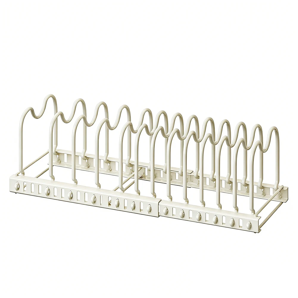 Expandable Pot And Pan Organizer Rack With 13 Adjustable Dividers For Kitchen Space Saving Storage For Plates Bowls Cookware