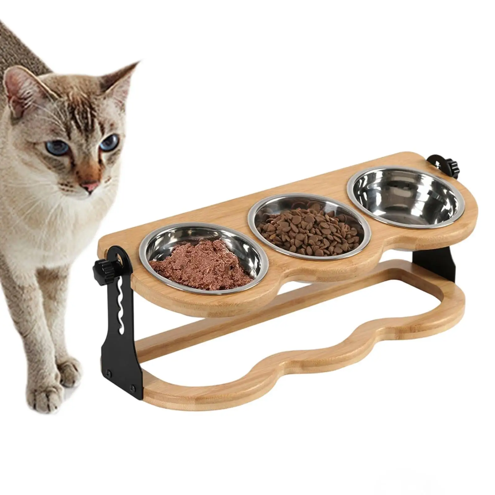 Raised Cat Food Bowl with Bamboo Stand Elevated Stainless Steel Pet Dining Tableware for Cat Puppy Home