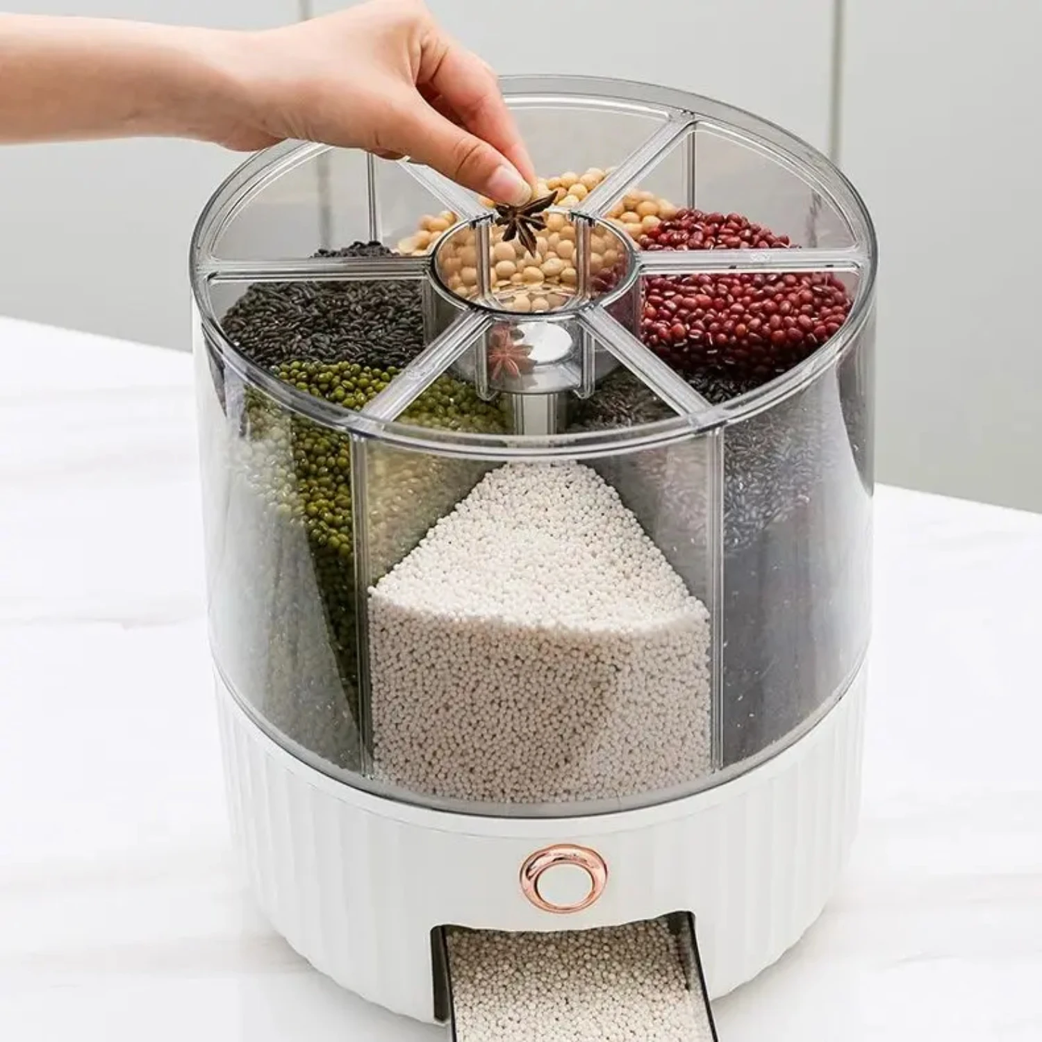 Moisture-Proof Rotating Rice Noodle Box Divided Into Five Sealed Grain Compartments - Insect-Proof and Versatile Grain Storage C