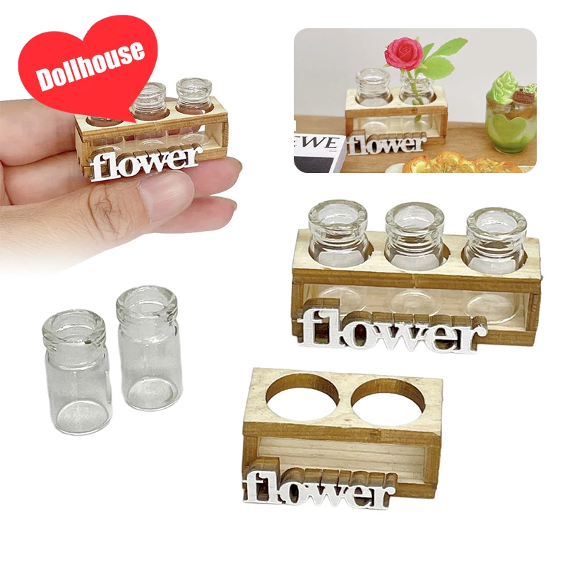 1Set 1:12 Puppenhaus Miniatur Hydrokultur Holz Blume Anordnung Stehen Mini Glas Blume Vase Modell Haus Garten Dekor Spielzeug