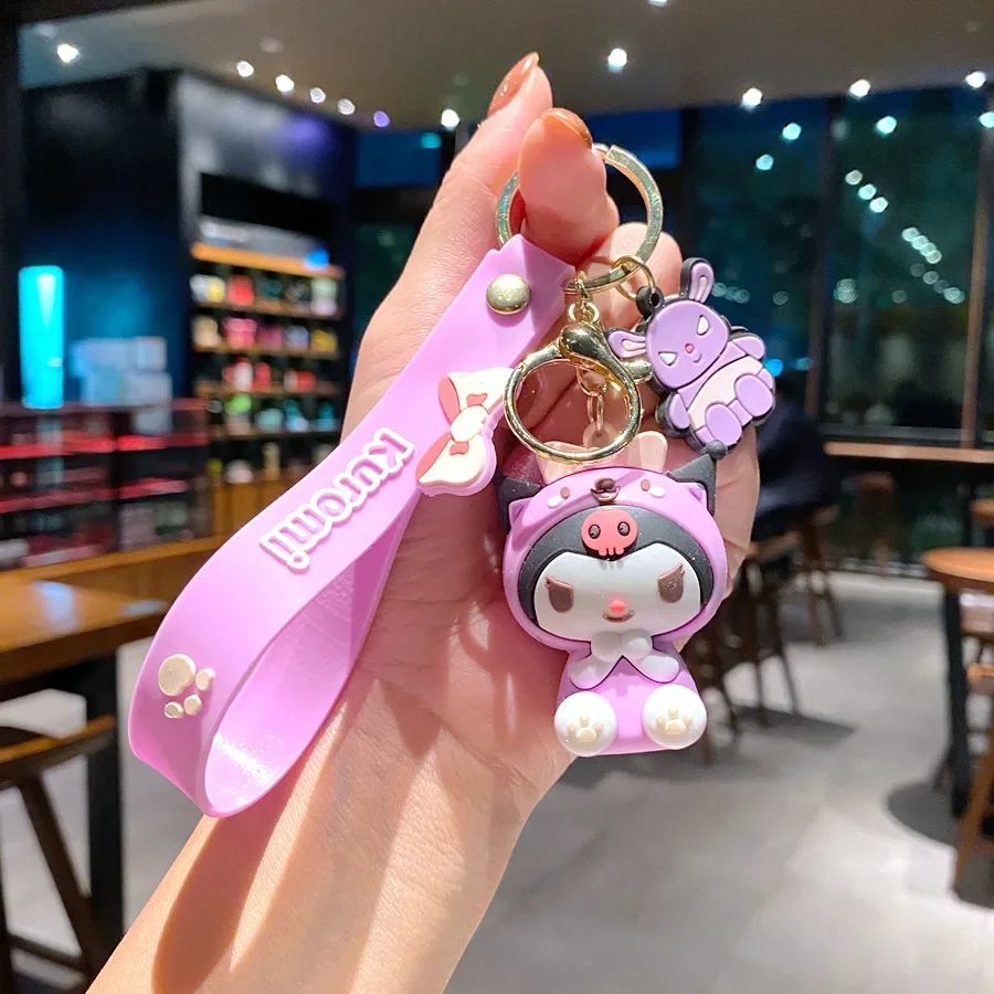 Cute Sanrio Kuromi Hello Kitty Cinnamoroll Melody Pom Pom Purin Bow Tie Keychain Cartoon Key Ring Couple Bag Pendant Small Gift