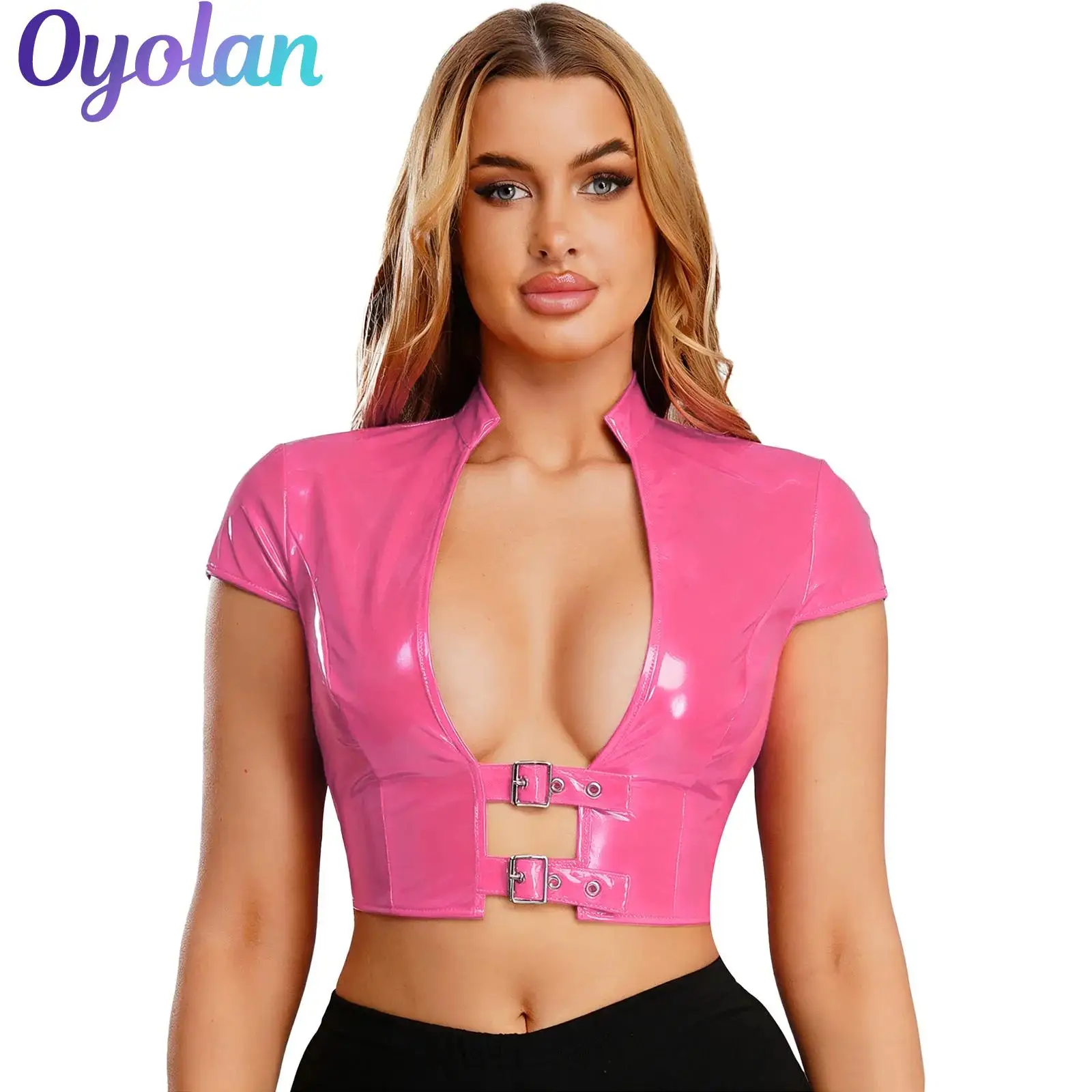 

Womens Glossy PU Leather Latex Crop Top Open Front with Adjustable Buckles Cap Sleeve Crop Corset Rave Disco Wet Look Clubwear