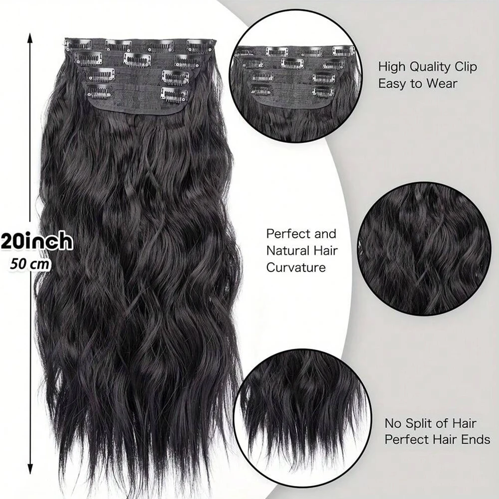 Long Wavy Clip In Hair Extensions Synthetic 4Pcs/Set For Women Heat Resistant Black Brown Highlight Long Wavy Clip In Hair Piece