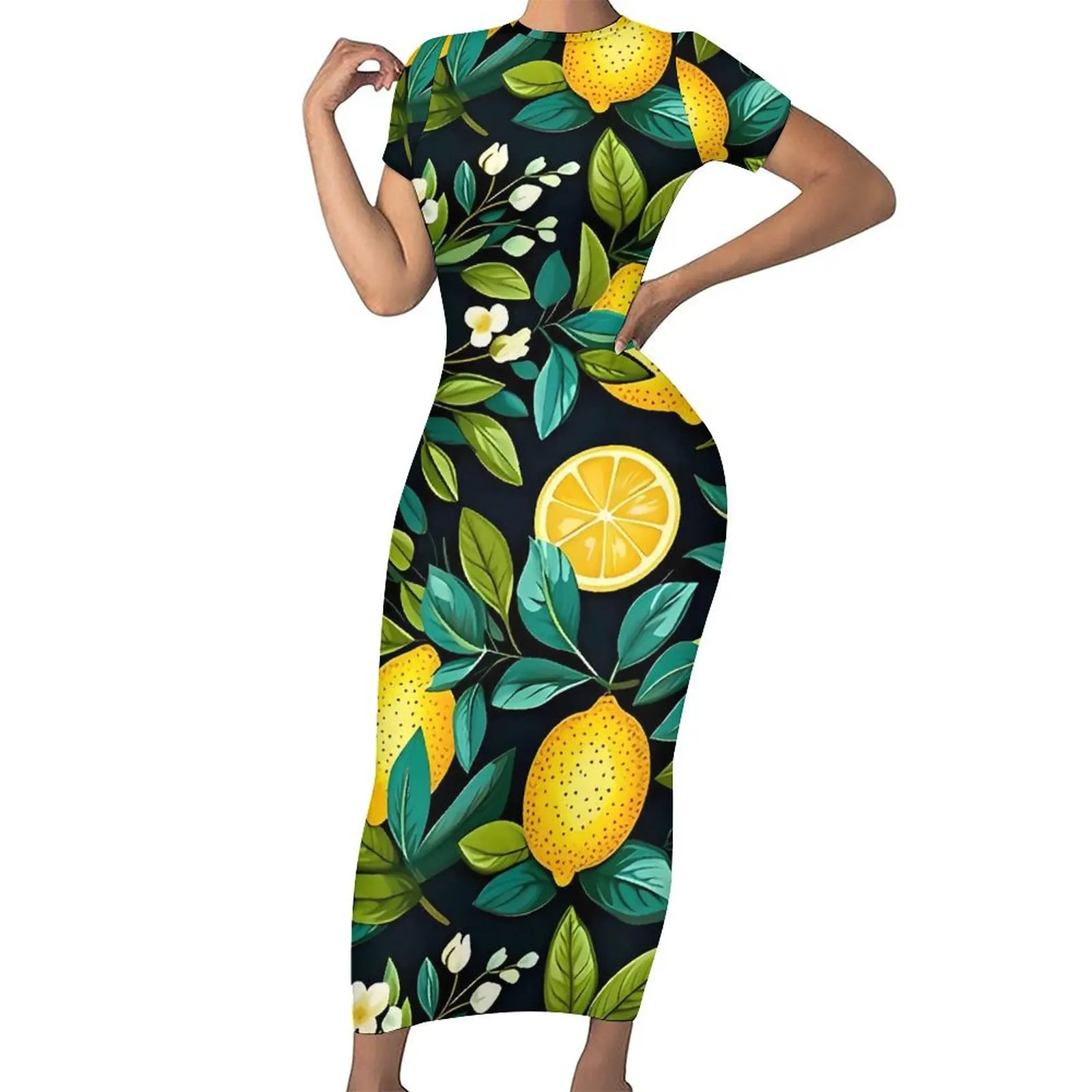 Fruit Print Dress Short Sleeve Lemons And Tropical Leaves Sexy Maxi Dresses Summer Street Wear Graphic Bodycon Dress Big Size