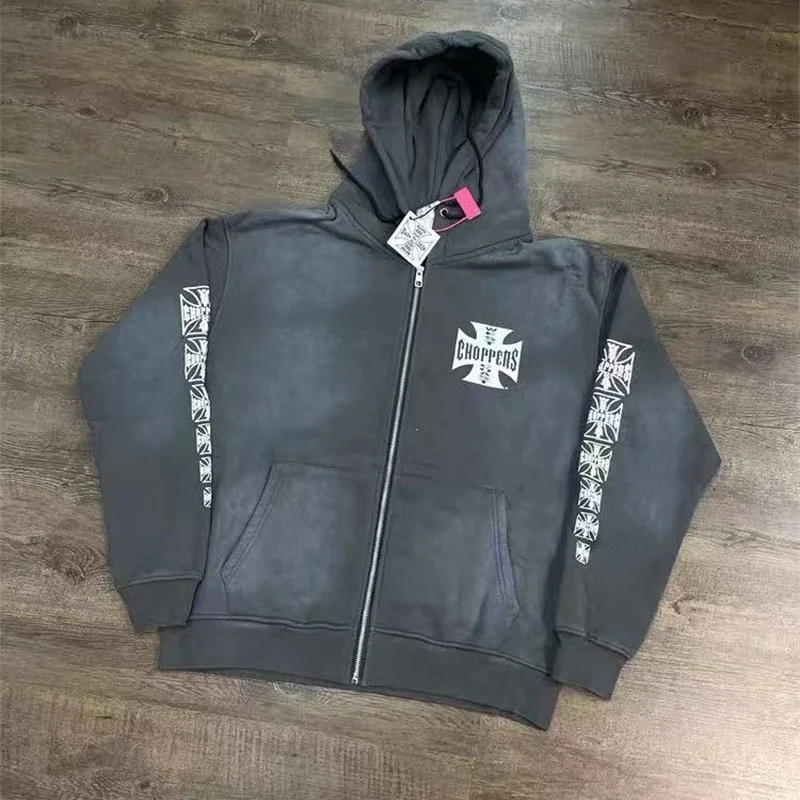 

Men Women Loose-fitting Zipper West Coast Choppers Crack Pattern Print Hoodie Retro Washed Black Crack Pattern Print Sweatshirt