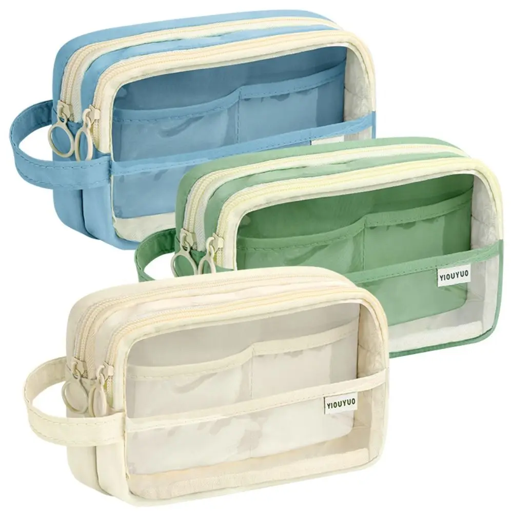 Cosmetics Bag 5 Grid Transparent Pencil Case Large Capacity Zipper Transparent Pen Bag INS Macaron Stationery Box Friend