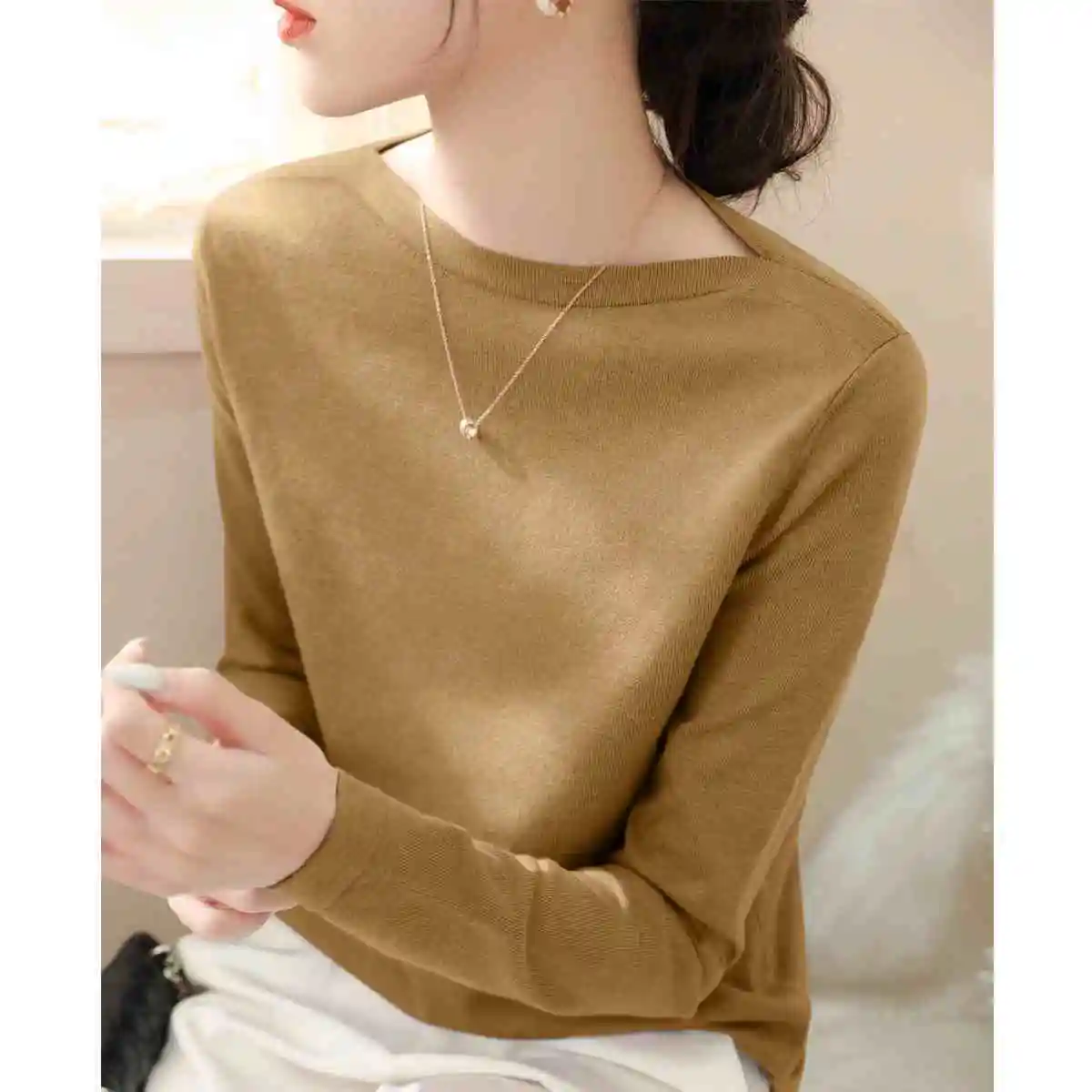 Sweet Flattering Round Neck Solid Color Pullover Long Sleeve Sweater Knitted Elegant Casual Screw Thread Women\'s Clothing Tops