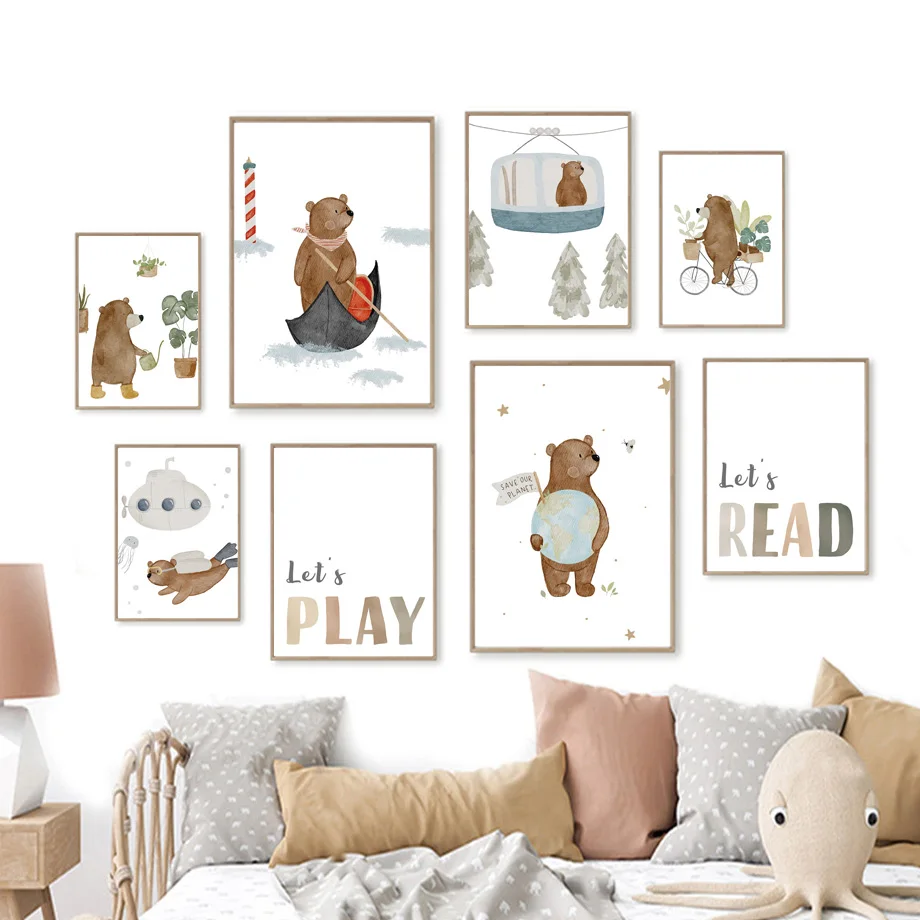 Cartoon Cute Bear Submarine Boat Plants Boho Quote Wall Art Children's Prints Posters For Kids Room Baby Decor Canvas Painting