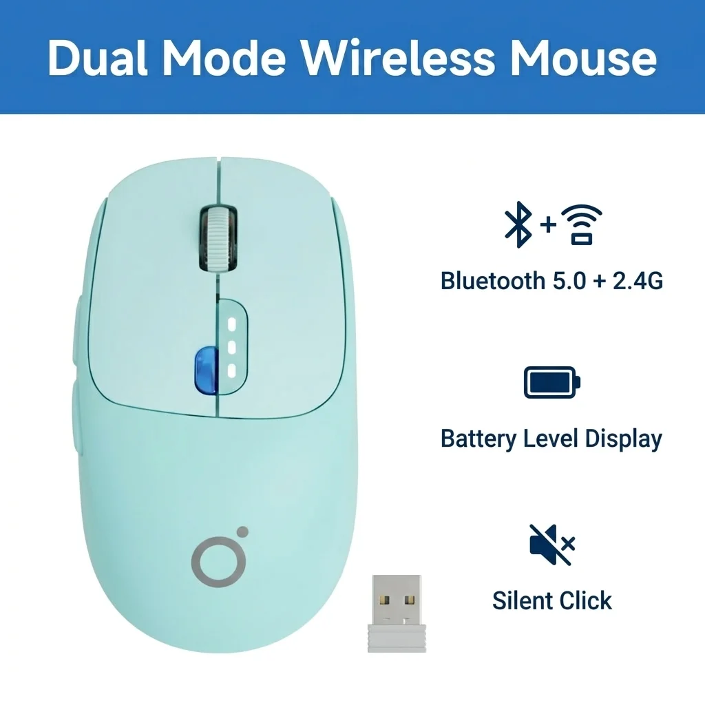 

Беспроводная мышь с двумя режимами работы Bluetooth 5.0 + 2.4G, бесшумная, с индикатором заряда батареи, 1600DPI, эргономичная, 6 кнопок, для ноутбуков, ПК и Mac