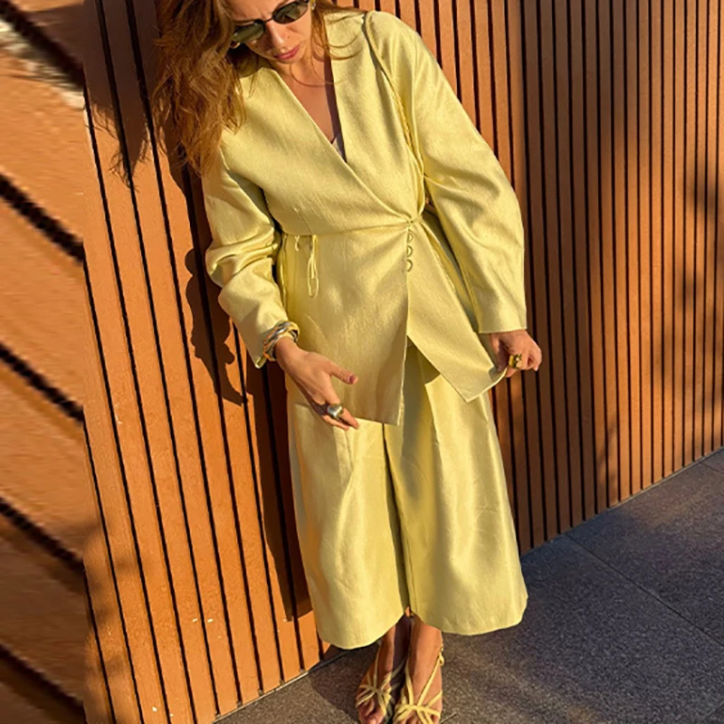 

Fashion Temperament Solid Wide Legger Outfits Casual Long Sleeved Solid 2 Piece Suits Sexy V-neck Lace Up Tops & Long Pants Sets