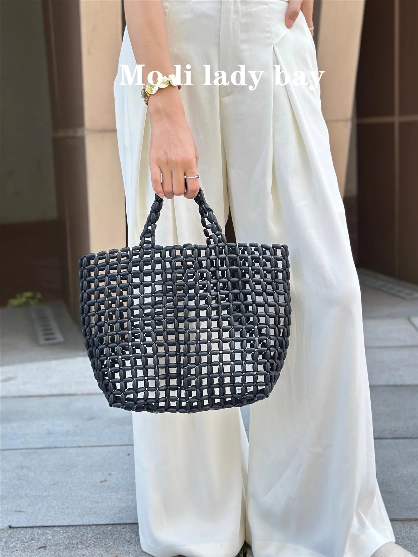 Wood Beads Beading Handmade Bucket Bag Fashion Hollow Out Women Handbag Large Capacity Shoulder Bag Holiday Vacation Beach Bag