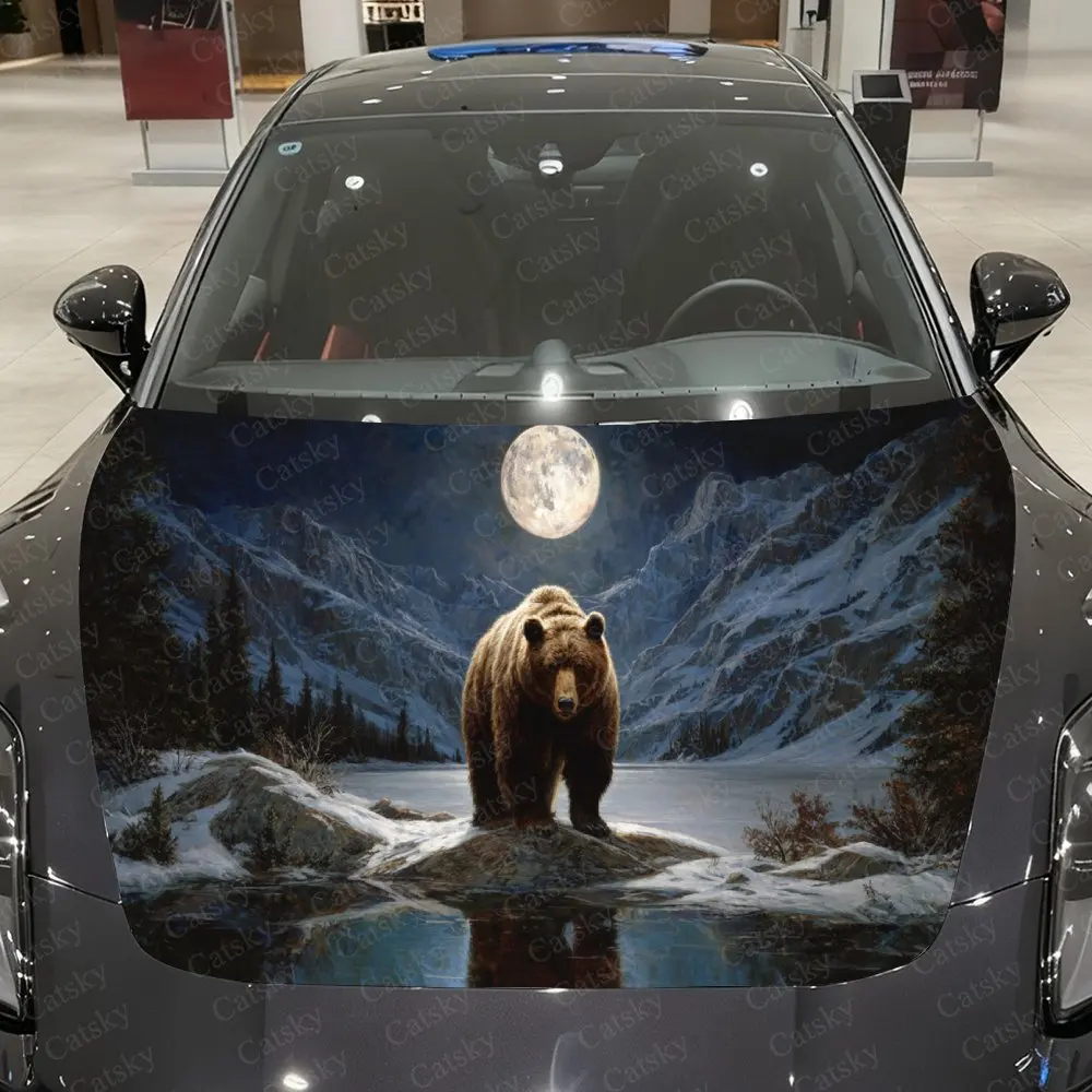 

Moonlit Ice Lake Bear Car Vinyl Wrap, PVC Material Waterproof Car Hood Sticker, Self-Adhesive Scratch-Resistant Stickers for Eng