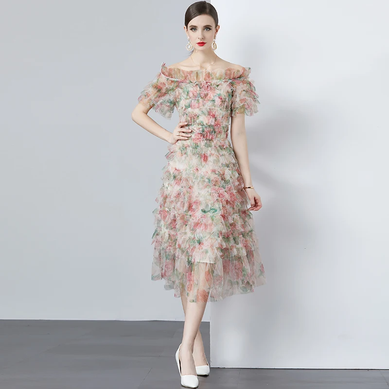 Jakość Runway Brand Design Summer Holiday Layer Cake Ruffle Tulle Floral Dress Women Sexy Slash Neck Short Sleeve Midi Dresses