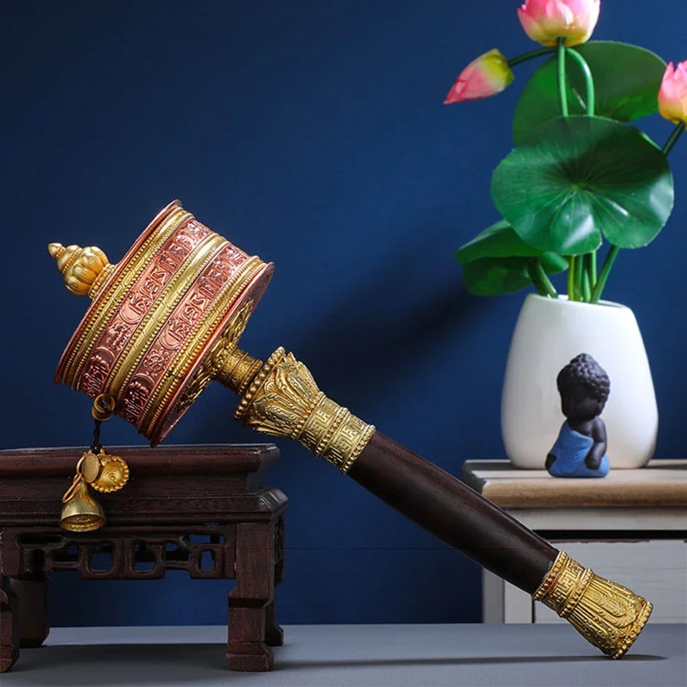 Hand cranked prayer wheel, Brass Six-Character Mantra ornament, Avalokiteshvara, Green Tara Heart Mantra Rotating Scripture Tube view 4