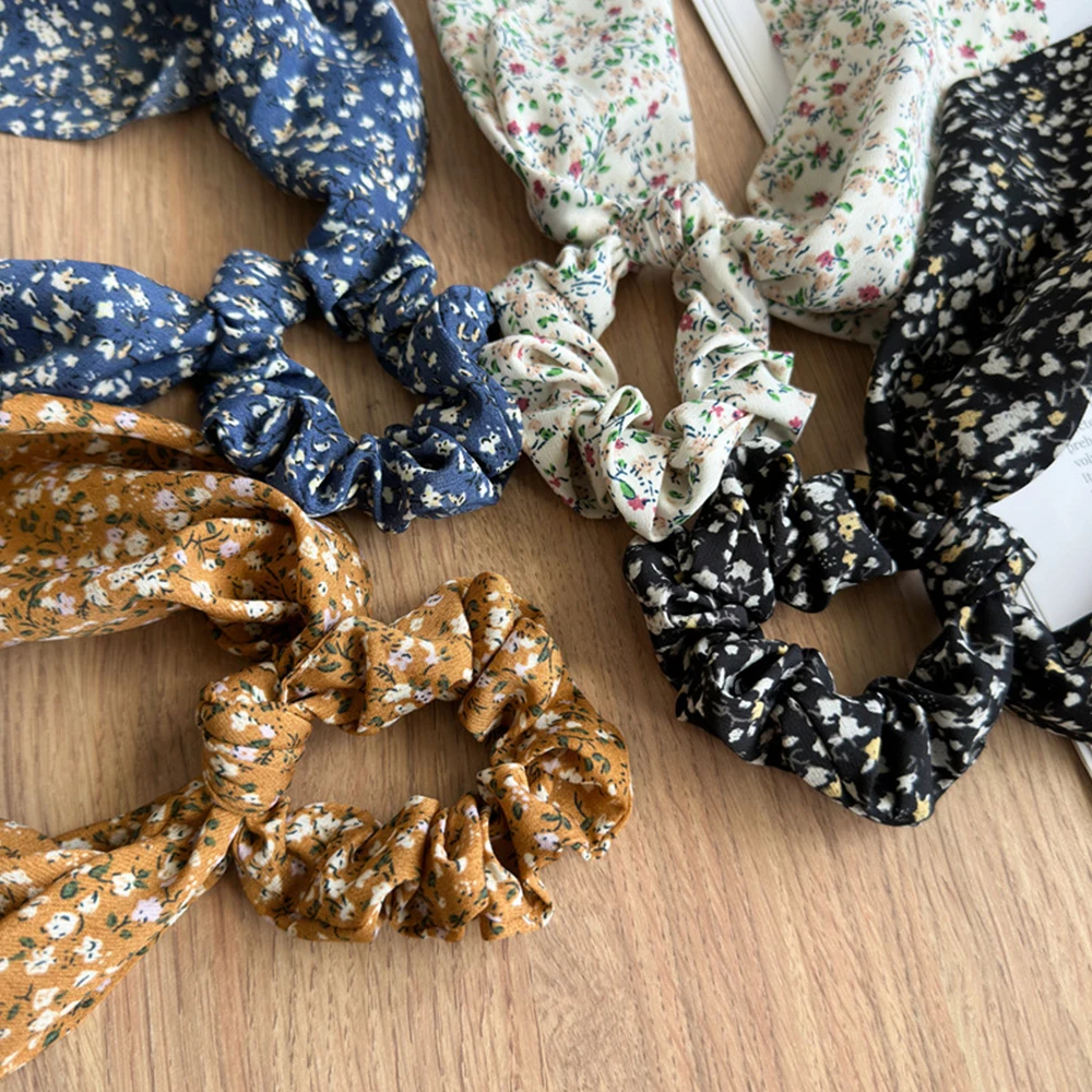 Vintage Floral Bow Hair Ribbon Scrunchie for Women Girls Long Streamer Elastic Hair Bands Ponytail Scarf Women Hair accessories