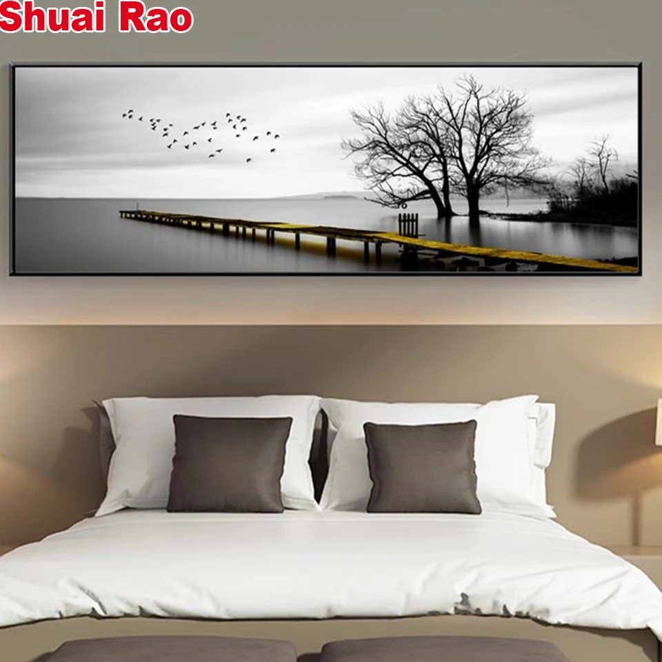 large Bird Tree lake 5d diy diamond painting Full square Drill embroidery cross stitch mosaic set Black White Landscape ,