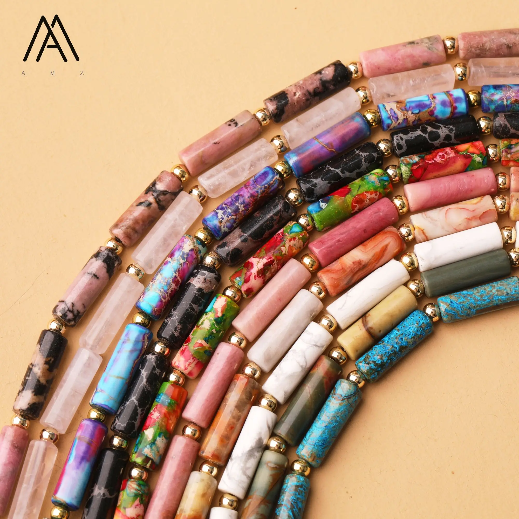

Minimalist Necklace Healing Natural Stone Rose Quartz Ocean Jasper Crazy Agate Cylinder Beads Chokers for Women