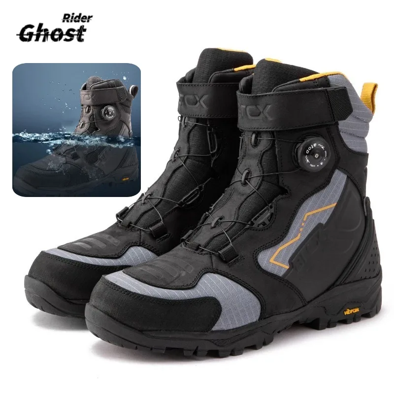 High-Quality Cowhide Waterproof Pull-Riding Boot Motorcycle Tightening Shoes & Reinforced Toe Heel & Wear-Resistant Rubber Sole