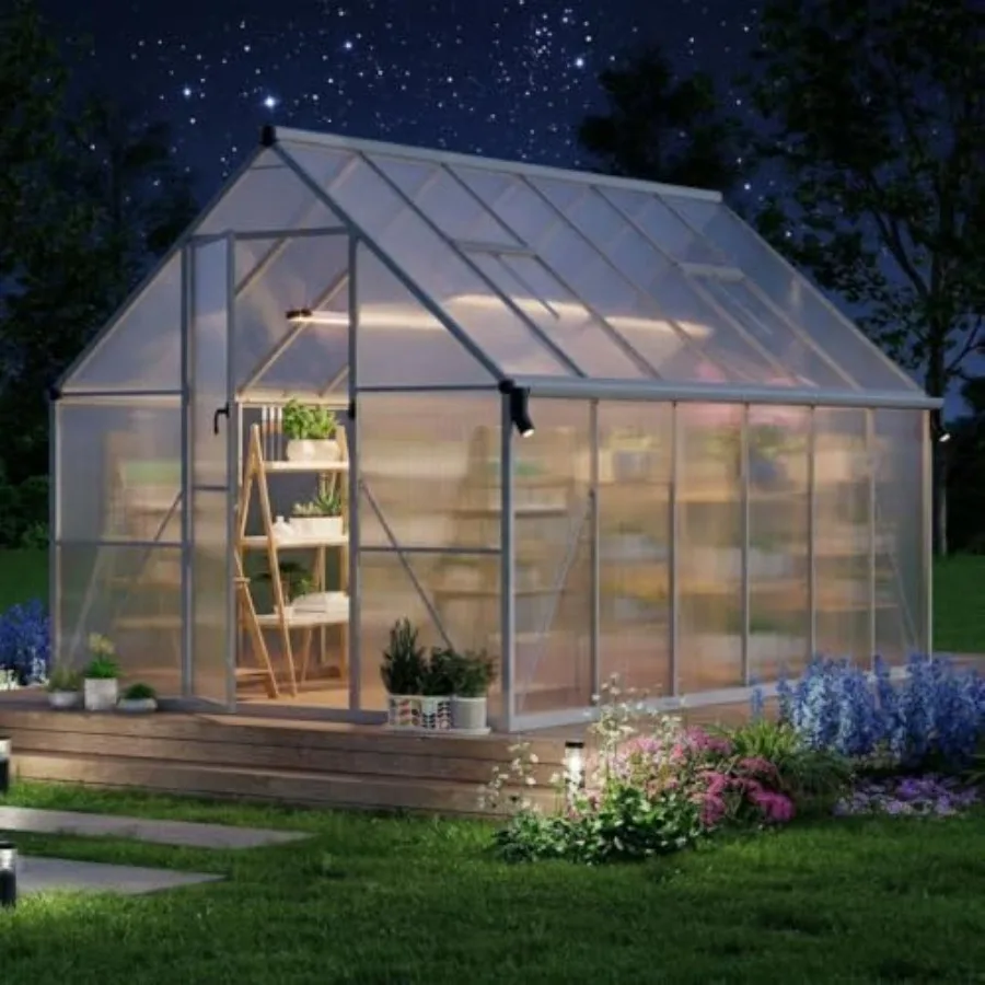 8 x 12 ft Outdoor Polycarbonate Greenhouse Kit, Heavy Duty Greenhouse with Reinforced Aluminum Frame, Adjustable Roof Vent, Loc