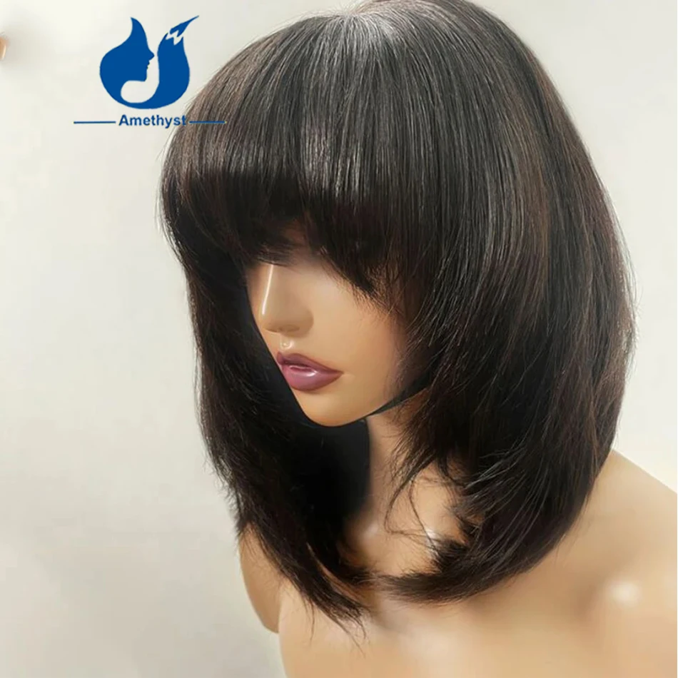 Amethyst Scalp Top Natural Black Bob with Bangs for Women 100% Human Hair Full Machine Made Wig Face Framing Layered Cut 8-16''