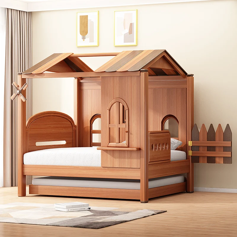 Creative tree house bed, solid wood children's bed, with guardrail, boy splicing, half height