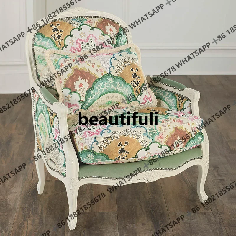 

French printed solid wood single chair household living room leisure chair American country sofa bedroom H