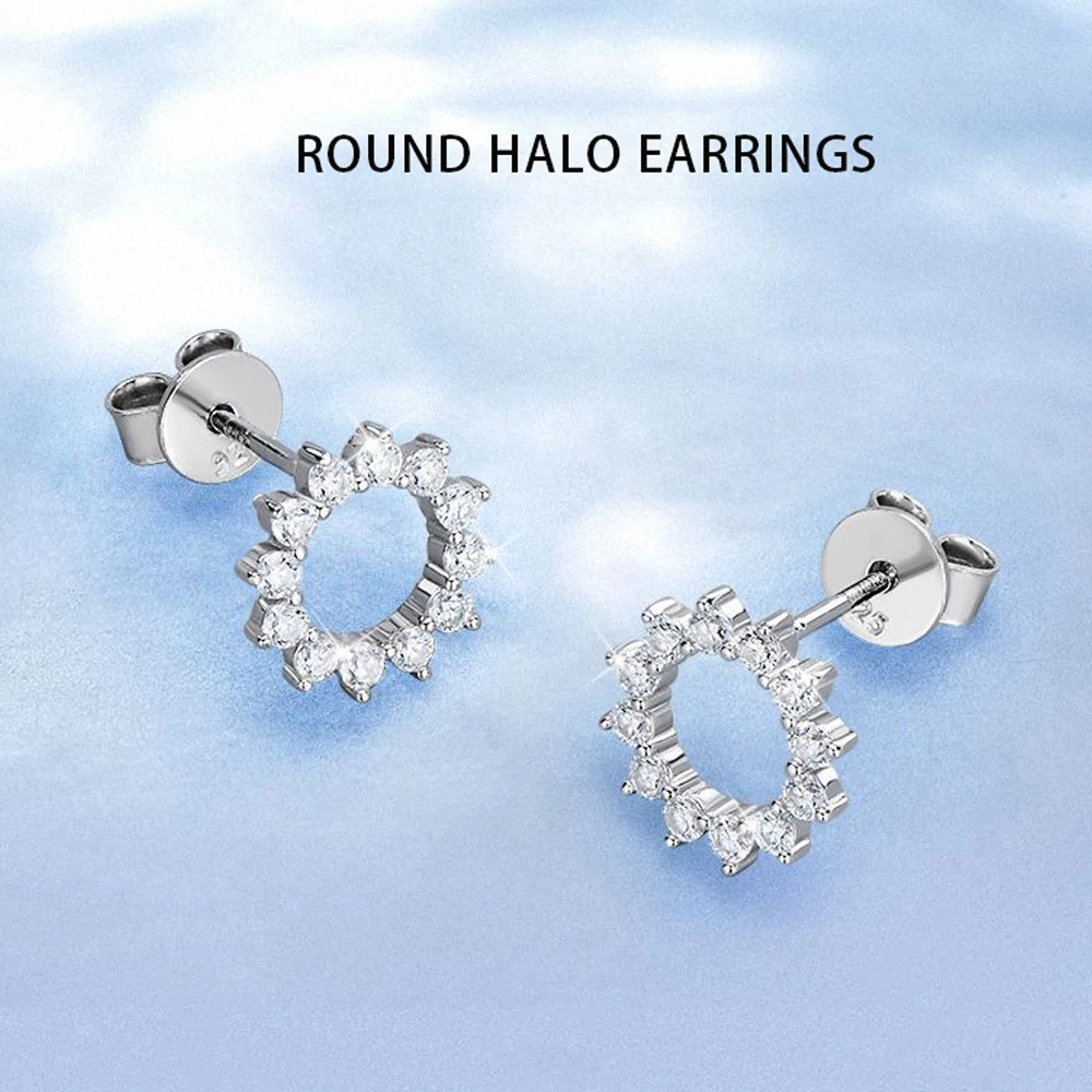 

High Quality Luxury Jewelry S925 Geometric Sterling Silver Sun Earrings Moissanite Halo Stud Earrings For Wedding Jewelry