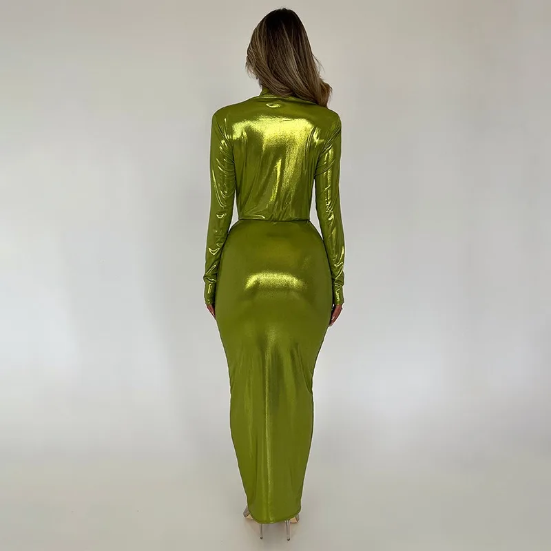 Metallic Gilding Maxi Party Dress Women Sexy V Neck Long Sleeve Ruched High Split Bodycon Clubwear Long Robe Evening Gown