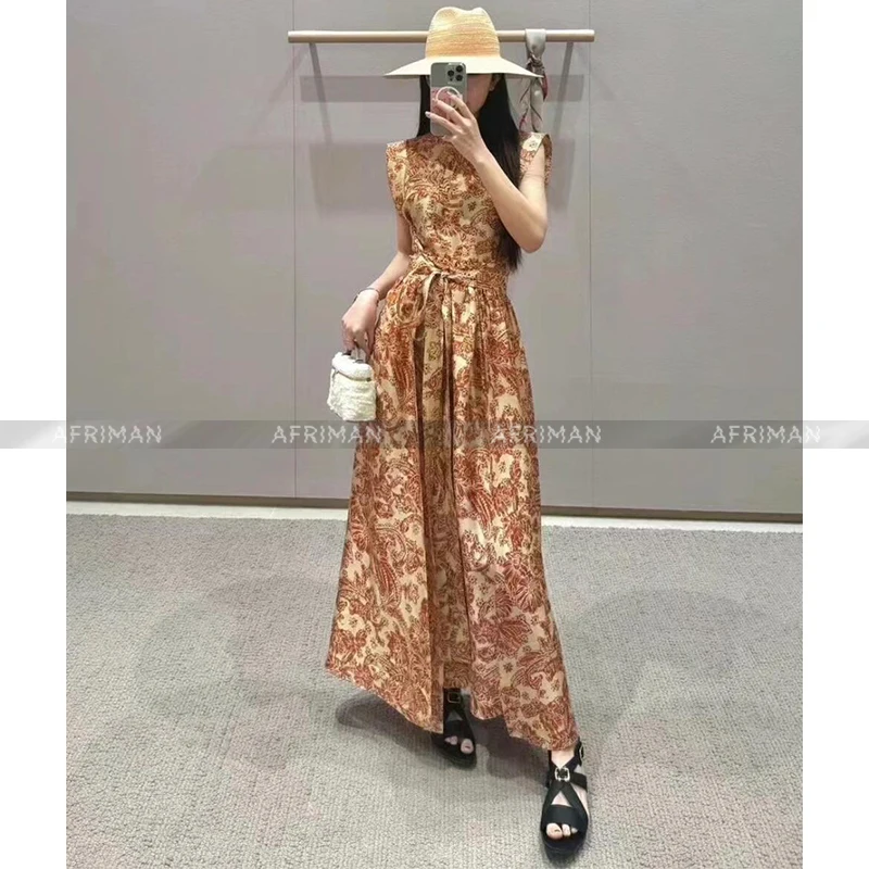 Women Vacation Style Ink Painting Orange Fragmented Flower Long Silk Dress with Belt