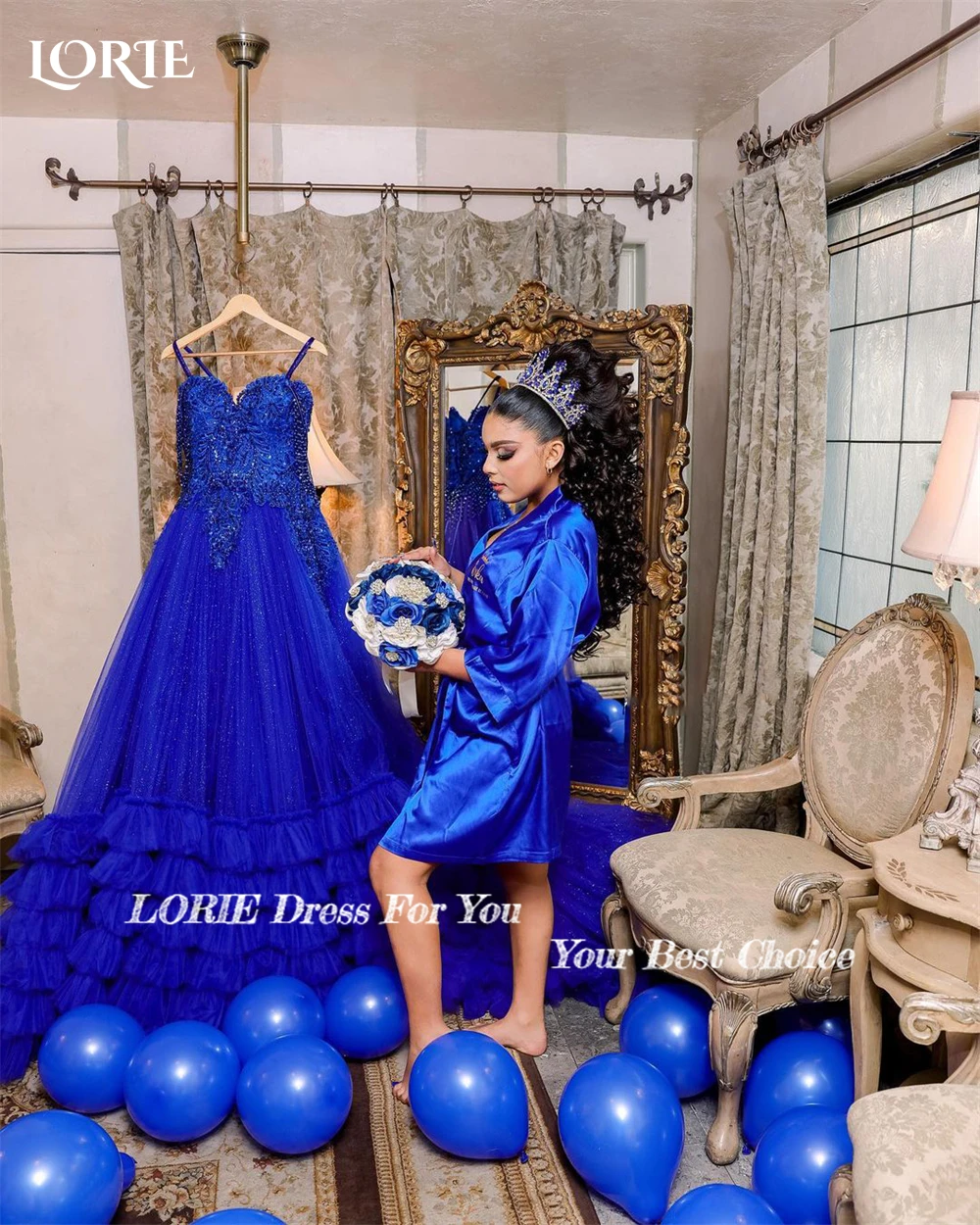 LORIE Royal Blue Glitter Formal Prom Dresses Off Shoulder Lace Beading Tiered Ruffles Evening Dress Backless Wedding Party Gowns