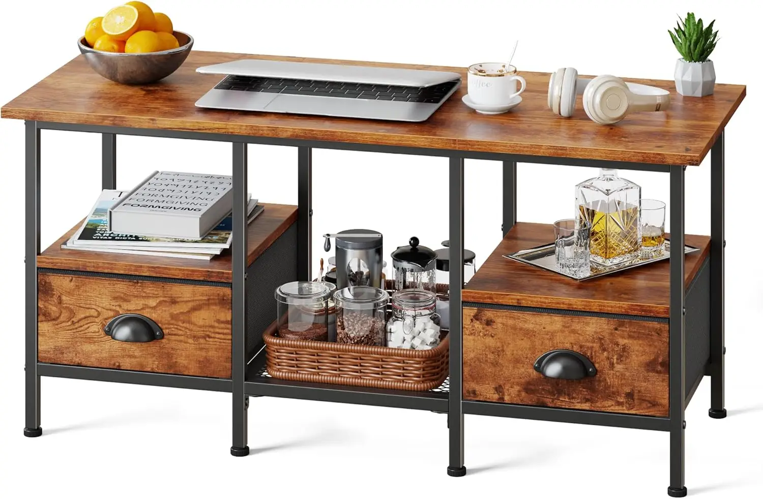 

35" Coffee Table with 2 Storage Drawers, Small CoffeeTables for Living Room, Industrial Center Table with 2 Tier Storage Shelf