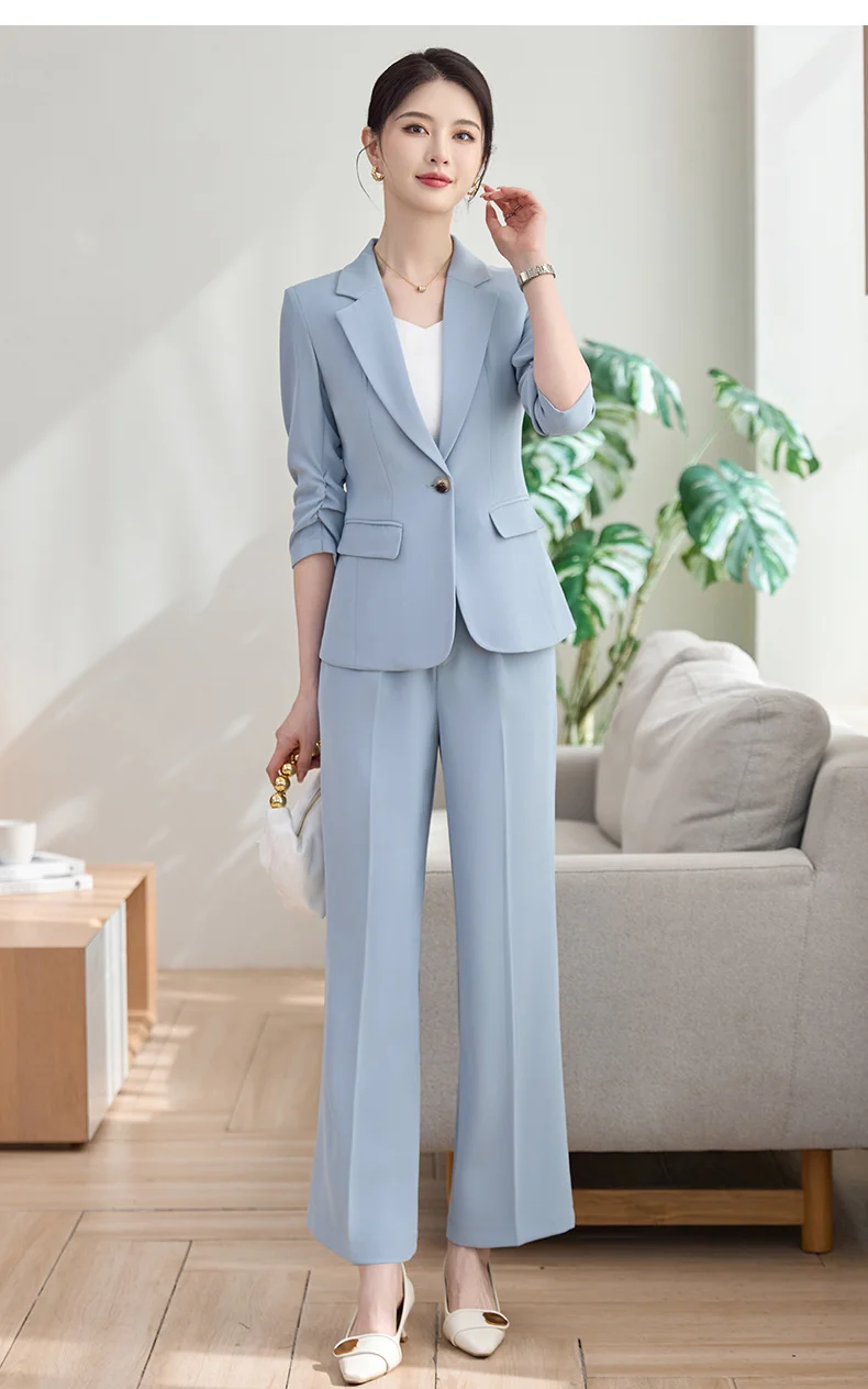 Two-piece set of light blue short-sleeve small jacket and collar coat, cross-border professional clothing, women's suit