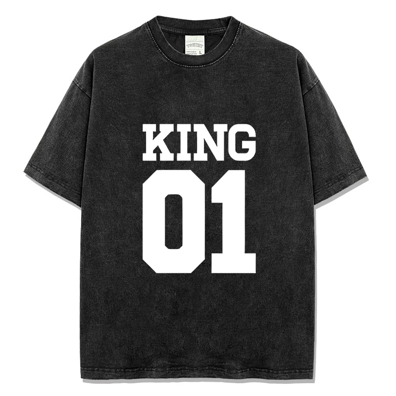 

Летняя мужская повседневная футболка, потертый цвет KING 01, дизайнерские футболки с короткими рукавами и принтом, удобные мужские топы из чистого хлопка