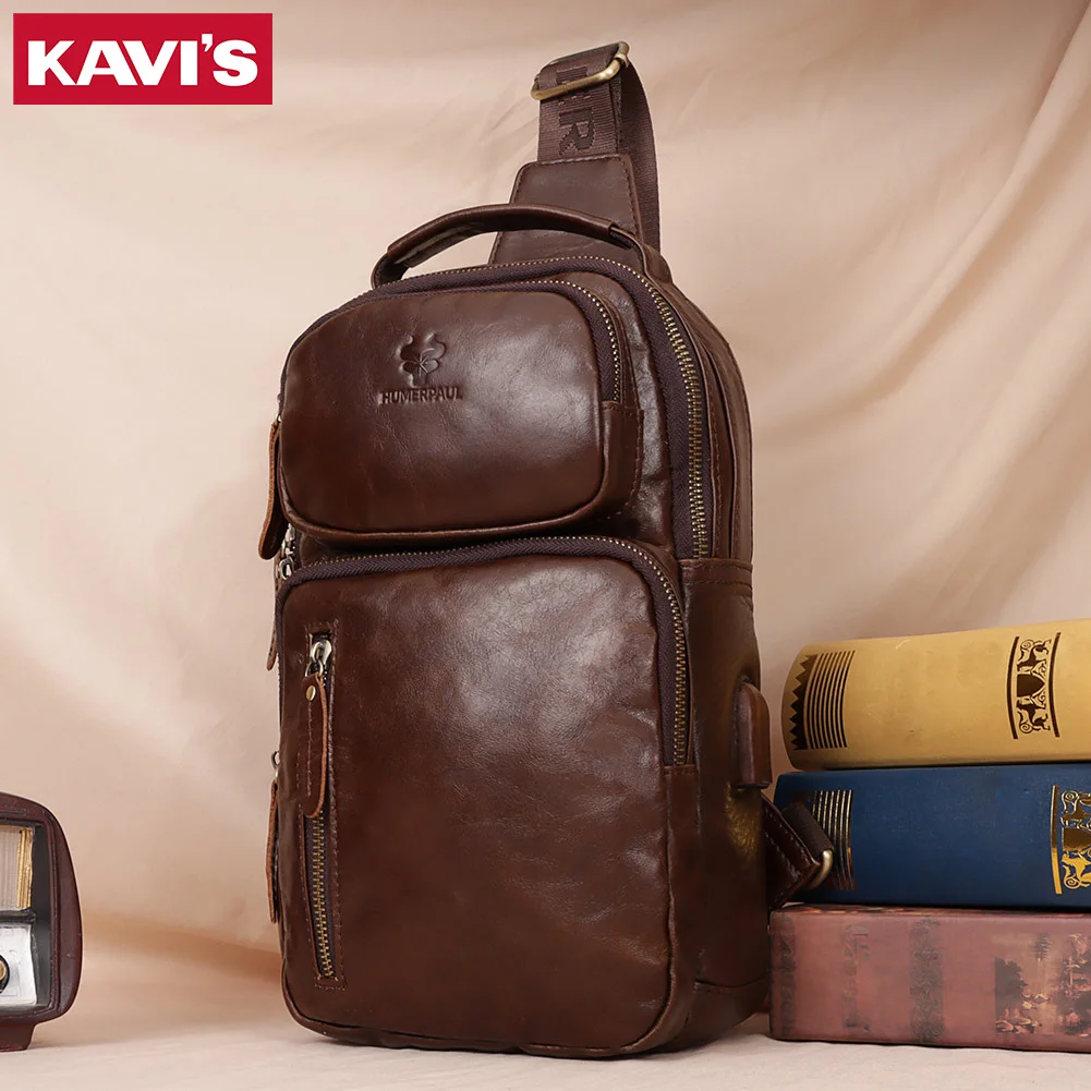 KAVIS Fashion Top Layer Leather Men's Backpack Multifunctional Cross-Body Bag Versatile High-Capacity Travel Bag  ﻿