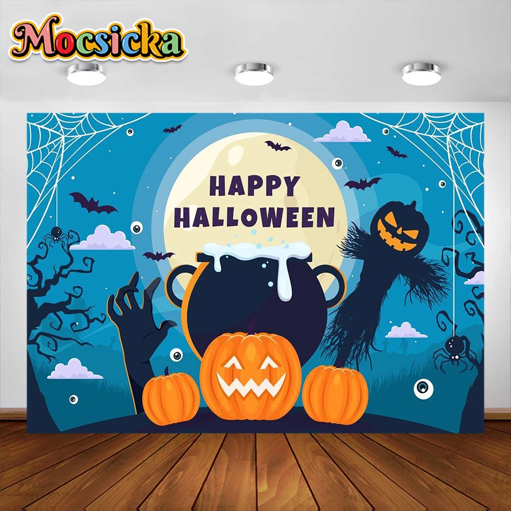 Happy Halloween Photography Background Bat Moon Scary Pumpkin Decoration Trick or Treat Writing Backdrops Studio Props Banner