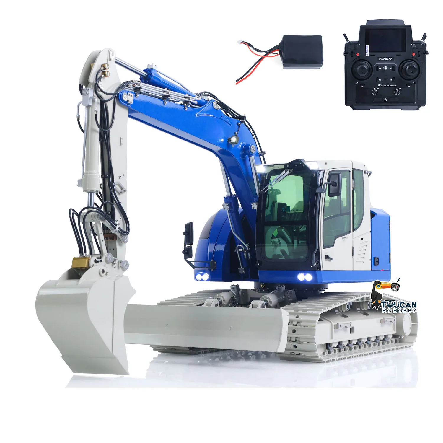 Escavadeira hidráulica de controle remoto 1/14 7CH R920 JDM-208 2 braços Metal RC Digger Flysky PL18 EV Lite Sistema de som Acoplador rápido