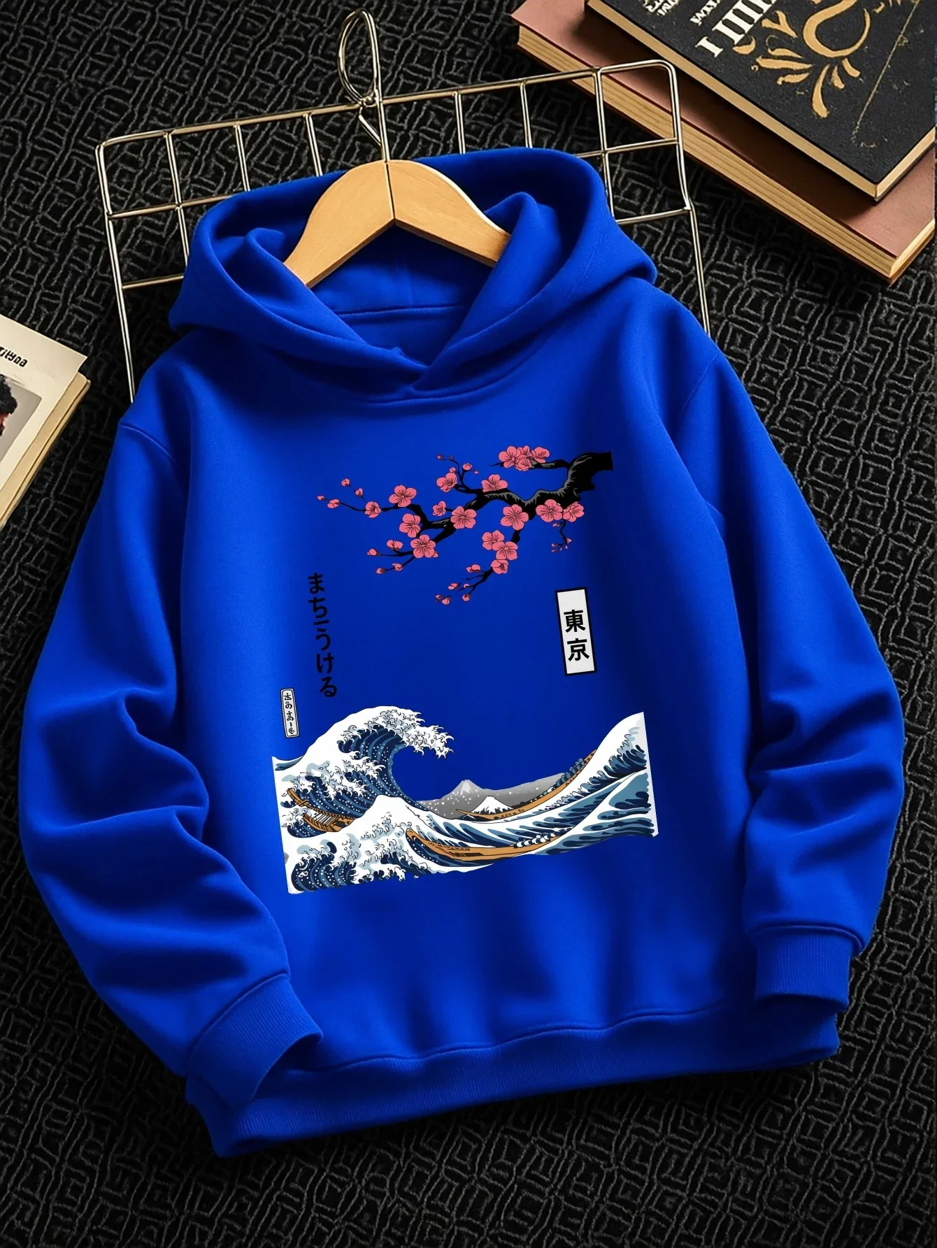 Kids Japanese Ukiyo-e The Great Wave Cherry Blossom Tokyo Kanji Print Hoodie Boys Girls Loose Pullover Autumn Winter Sweatshirt