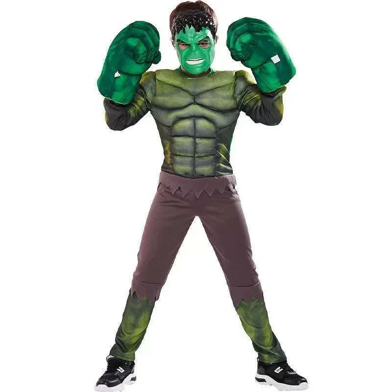 Kids Green Superheroes Anime Cosplay Muscle Costumes with Gloves Boys Birthday Halloween Carnival Party Hulk Dress Up Jumpsuit