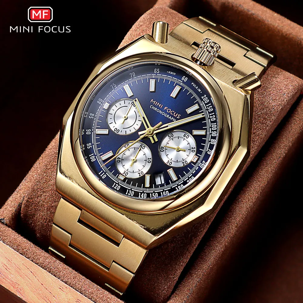 MINI FOCUS Gold Toned Stainless Steel Wristwatch for Men Fashion Waterproof Chronograph Quartz Watch with Luminous Hands 0601.04