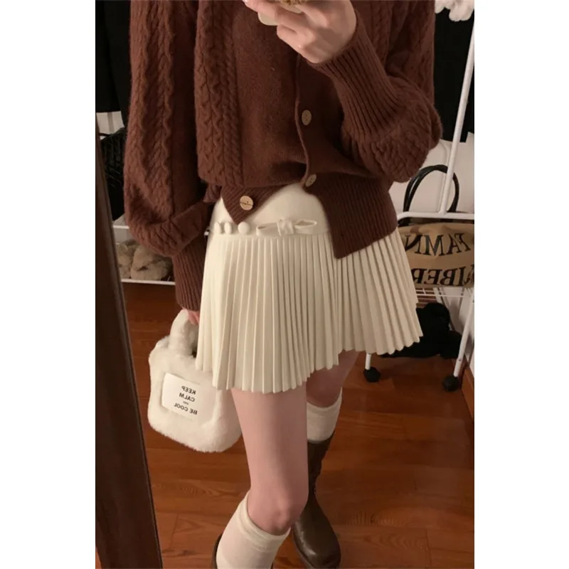 

2025 Bow Pleated Skirt Women's Autumn and Winter New High-waisted Slim Design Sweet and Spicy Tweed A-line Skirt