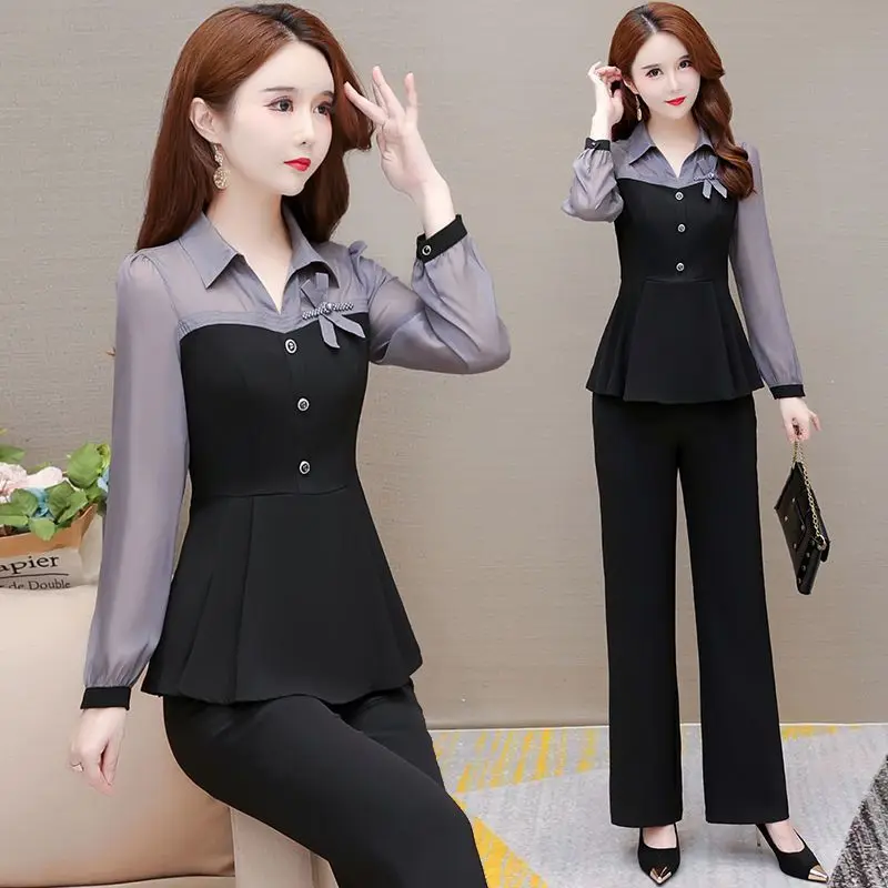 Spring Fashion Elegant Women Pants Sets 2024 New Turn Collar Patchwork Chiffon Slim Office Lady 2 Pieces Outfits Pantsuits