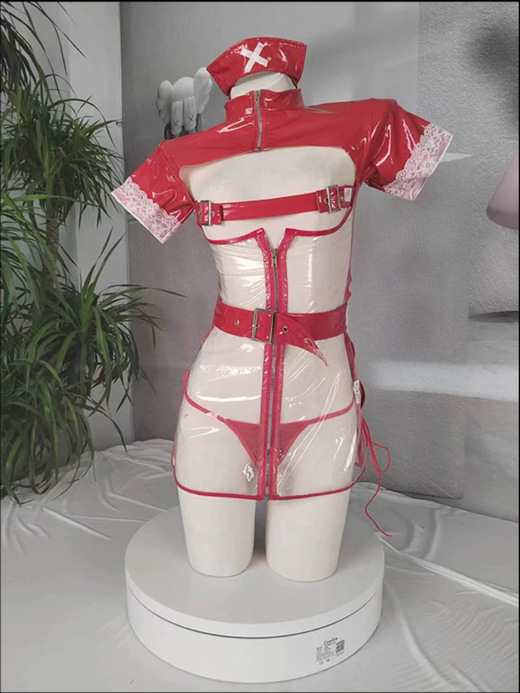 

Sweet Bandage Transparent Patent Leather Red Nurse Uniform Cosplay Costume 2B Amine Game Role Play Outfits Underwear Nightgown