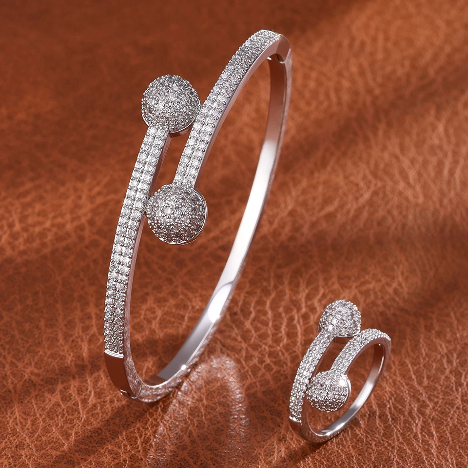 ZAKOL Luxury Half Spherical Opening Ring Bracelet Zirconium Micro Inlaid Zircon Daily Party Fashion Accessory for Women